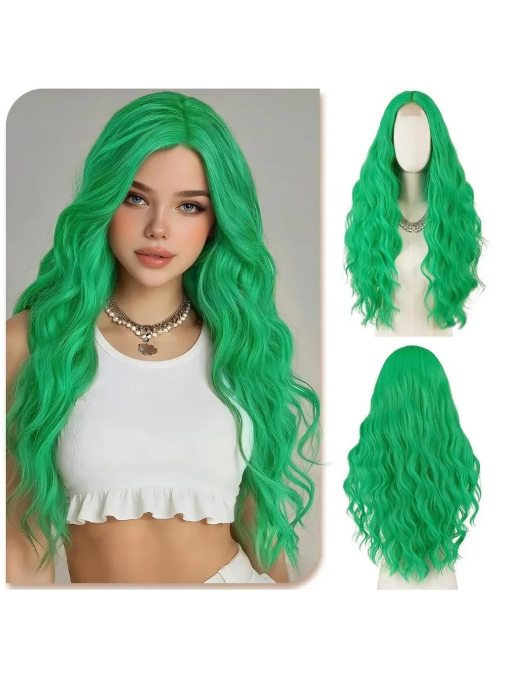 Women's Dark Green 28 Inch Lace Front Soft Synthetic Long Wavy Curly Wigs
